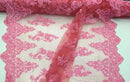 Beaded Rose Flower Fabric - Candy Pink - Embroidered Beaded Long Border Floral Fabric By Yard