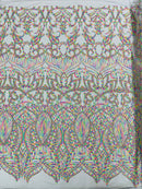 Multi Color Iridescent - White Mesh 4 Way Stretch Embroidered Royalty Sequins Design Fabric By Yard