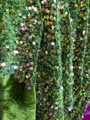 Velvet Stretch Sequins - Irisdescent Clear Sequins on Olive 2 Way Stretch Velvet Fabric 58/60”