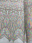 Multi Color Iridescent - White Mesh 4 Way Stretch Embroidered Royalty Sequins Design Fabric By Yard