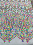 Multi Color Iridescent - White Mesh 4 Way Stretch Embroidered Royalty Sequins Design Fabric By Yard
