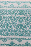 Beaded My Lady Damask Design - Aqua - Beaded Fancy Damask Embroidered Fabric By Yard