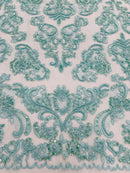 Beaded My Lady Damask Design - Aqua - Beaded Fancy Damask Embroidered Fabric By Yard