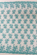 Embroidered Corded Lace Fabric - Aqua - Cluster Fancy Flower Embroidered Lace Fabric By Yard