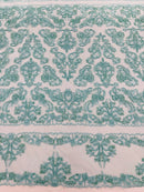 Beaded My Lady Damask Design - Aqua - Beaded Fancy Damask Embroidered Fabric By Yard