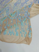 Zig Zag Design Sequins - Aqua Iridescent - 4 Way Stretch Embroidered Zig Zag Sequins Lace Fabric By The Yard