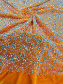 Stretch Velvet Sequins Fabric - Aqua Iridescent on Orange - Velvet Sequins 2 Way Stretch 58/60” By Yard