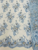 Beaded Flower Sequins Fabric - Baby Blue - Embroidered Beaded Floral Clusters Sequins Fabric By Yard