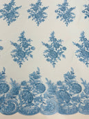 Floral Lace Flower Fabric - Baby Blue - Floral Embroidered Fabric with Sequins on Lace By Yard
