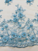 3D Embroidered Floral Fabric - Baby Blue - 3D Rhinestone and Sequins Floral Fabric Sold By Yard