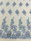 Beaded Rose Flower Fabric - Baby Blue - Embroidered Beaded Long Border Floral Fabric By Yard