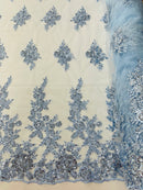 Beaded Rose Flower Fabric - Baby Blue - Embroidered Beaded Long Border Floral Fabric By Yard