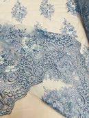 3D Fancy Floral Design Fabric - Baby Blue - 3D Flower Fabric with Small Beads on Lace Sold By Yard