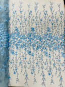 3D Flower Glitter Fabric - Baby Blue - Flower Design on Glitter Mesh Fabric Sold By Yard