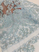 Beaded My Lady Damask Design - Baby Blue - Beaded Fancy Damask Embroidered Fabric By Yard