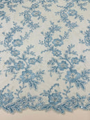 Two Tone Lace Floral Fabric - Baby Blue - Embroidered Flower Designs with Sequins on Lace Fabric Sold By Yard