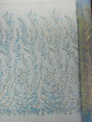 Clear Iridescent Leaf Design - Clear on Baby Blue - Embroidered Beaded Sequins Mesh Fabric by Yard