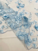 3D Floral Pearl Fabric - Baby Blue - Embroidered Floral Pearl Fabric Double Border On Mesh By Yard