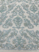 Beaded My Lady Damask Design - Baby Blue - Beaded Fancy Damask Embroidered Fabric By Yard