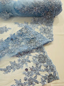 Beaded Rose Flower Fabric - Baby Blue - Embroidered Beaded Long Border Floral Fabric By Yard