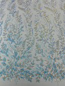 Clear Iridescent Leaf Design - Clear on Baby Blue - Embroidered Beaded Sequins Mesh Fabric by Yard
