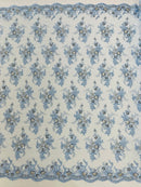 Beaded Flower Sequins Fabric - Baby Blue - Embroidered Beaded Floral Clusters Sequins Fabric By Yard