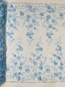 3D Floral Pearl Fabric - Baby Blue - Embroidered Floral Pearl Fabric Double Border On Mesh By Yard