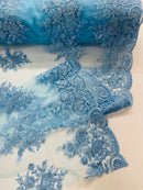 Floral Lace Flower Fabric - Baby Blue - Floral Embroidered Fabric with Sequins on Lace By Yard