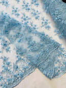 3D Embroidered Floral Fabric - Baby Blue - 3D Rhinestone and Sequins Floral Fabric Sold By Yard