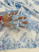 3D Flower Sequins Design - Baby Blue - Embroidered Pearl Sequins Floral Clusters Lace Fabric By Yard