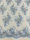 Beaded Flower Sequins Fabric - Baby Blue - Embroidered Beaded Floral Clusters Sequins Fabric By Yard