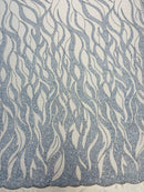 Fire Flames Design Bead Fabric - Baby Blue - Beaded Embroidered Fire Pattern Fabric By Yard