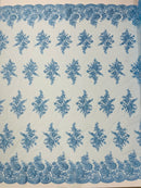 Floral Lace Flower Fabric - Baby Blue - Floral Embroidered Fabric with Sequins on Lace By Yard