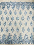 3D Fancy Floral Design Fabric - Baby Blue - 3D Flower Fabric with Small Beads on Lace Sold By Yard
