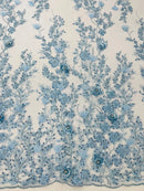 3D Flower Rhinestone Design - Baby Blue - Embroidered Flower Sequins Lace Fabric By Yard