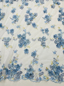 Multi-Color 3D Flower Fabric - Baby Blue - Multi-Tone 3D Flower Lace Fabrics Sold By Yard