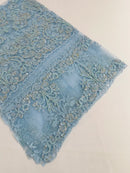 Beaded My Lady Damask Design - Baby Blue - Beaded Fancy Damask Embroidered Fabric By Yard