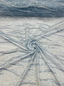 Wavy Design Beaded Fabric - Baby Blue - Beaded Wavy Leaf Embroidered Fabric By Yard