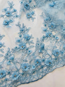 3D Embroidered Floral Fabric - Baby Blue - 3D Rhinestone and Sequins Floral Fabric Sold By Yard
