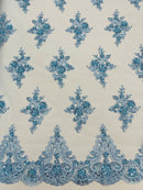 Beaded Floral Fabric - Baby Blue - Floral Cluster Design Fabric with Damask Border by Yard