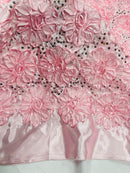 Satin Rosette Sequins Fabric - Baby Pink - 3D Rosette Satin Rose Fabric with Sequins By Yard