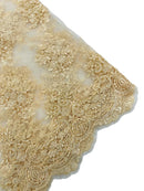Floral Damask Lace Fabric - Beige - Embroidered Damask Flowers on Lace Fabric By Yard