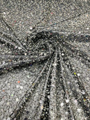Heavy Duty Sequins Pearl Fabric - Black / Silver - Heavy Handmade Embroidery Lace with Sequins All Over By Yard