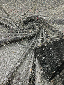 Heavy Duty Sequins Pearl Fabric - Black / Silver - Heavy Handmade Embroidery Lace with Sequins All Over By Yard