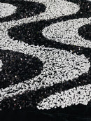 Wavy Line Velvet Sequins - Black / White - Velvet Sequins 2 Way Stretch Fabric 58/60” By Yard