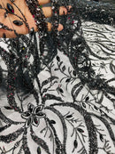 Wavy Leaf / Floral Bead Fabric - Black - Beaded Rhinestone Embroidered on a Mesh By Yard