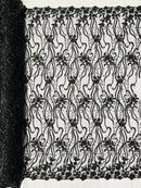 Small Flower Bead Fabric - Black - Beaded Flower Fabric with Curled Lines Design By Yard