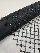 Beaded Diamond Net Fabric - Black - Embroidered Geometric Beaded Sequins Fabric Sold By Yard