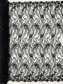 Small Flower Bead Fabric - Black - Beaded Flower Fabric with Curled Lines Design By Yard