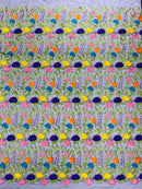 Multi-Color Mexican Sarape Fabric - Black Mesh Flower Design Embroidered Lace Fabric By Yard